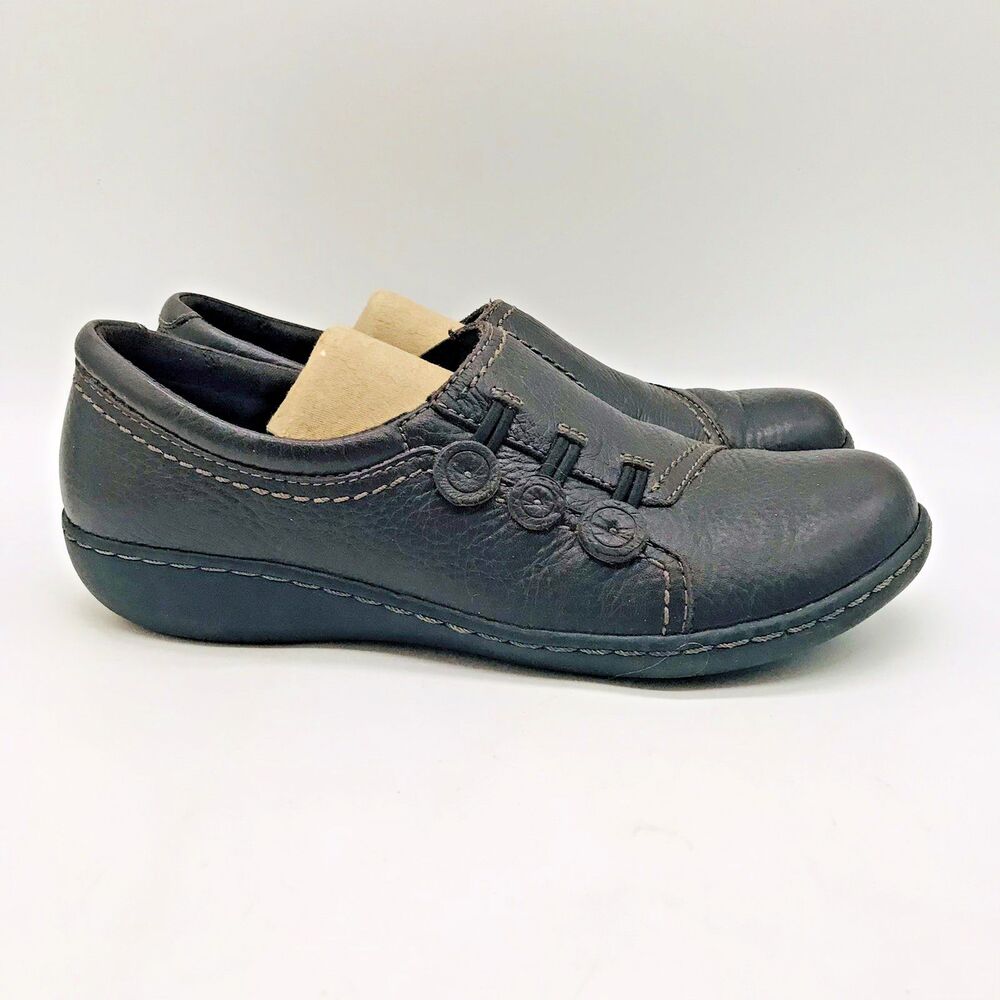 Clarks Collection Brown Leather Shoes Women's 7.5M Button Accent Comfort Loafers